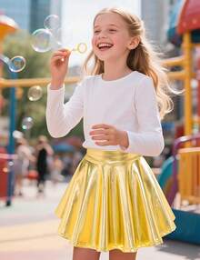 Girls Metallic Skater Skirt Sparkly Shiny Flared Pleated A-Line Mini Skort - Màu tím - Xem 6