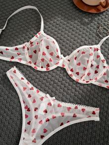 Set de 3 piezas de sujetador con aros, de unicolor, con estampado de corazón y flor, y decoración de lazo, cómodo para mujeres - Blanco - Ver 5