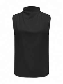 女士优雅无袖纯色简约上衣，休闲黑色，夏季款 - 黑色 - 查看 2