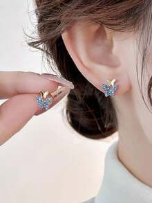 1 Pair Elegant Butterfly Stud Earrings, Minimalist Blue Earrings, Petite Earrings For Students - Blue Diamond - View 3