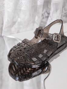 Fashionable Shiny Crystal Jelly Shoes, Black Jelly Shoes For Girls, Summer Water Shoes, Beach Sandals, Flat Shoes