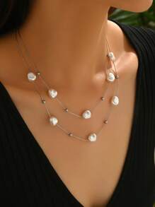 Colar de aço inoxidável com pérolas de dupla camada, 1 peça, adequado para roupas diárias femininas e presentes