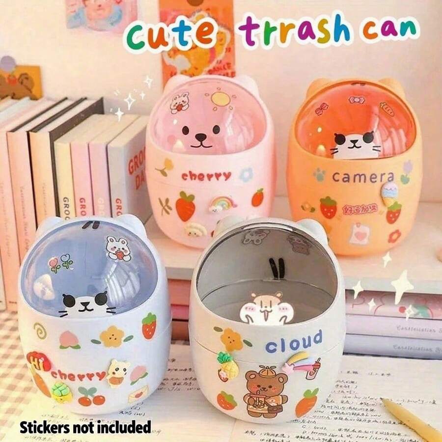 4款创意可爱桌面垃圾桶，带盖，小巧可爱，迷你翻盖式垃圾桶，可作笔筒使用，适合卧室或书桌收纳，自带笔筒，可用于存放学习/办公用品。