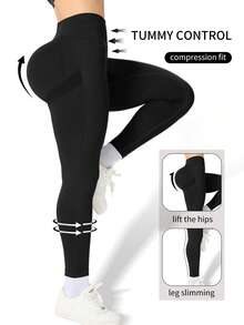 Plus Size Women's High-Waist-Lift Hip Peach Hip Yoga Pants Ice Silk Breathable Quick-Drying Fitness Pants Sports Running Cycling Pants Slimming Wear Leggings - 黑色+綠札 - 查看 7