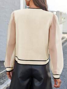 Womens Sheer Mesh Cardigan Puff Sleeve Color Block Button Sweater Dressy Knit Top