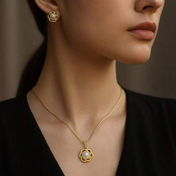 Set van 3 roestvrijstalen nepparels, ketting en oorbellen, minimalistische Franse stijl, romantische stijl, geschikt voor dagelijks gebruik en als cadeau voor de feestdagen.