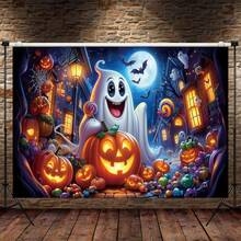 1pc Halloween Party Background Banner - Horror Pumpkin, Ghost, Full Moon, Graveyard, Bat, Spider Background - Multipurpose Indoor And Outdoor Decoration, Photo Background, Scene Decoration, Halloween Party Decoration Props - Multicolor - View 2