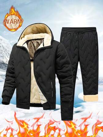 上下衣一套，冬季新款户外运动棉服外套，男士休闲连帽上衣配棉裤。