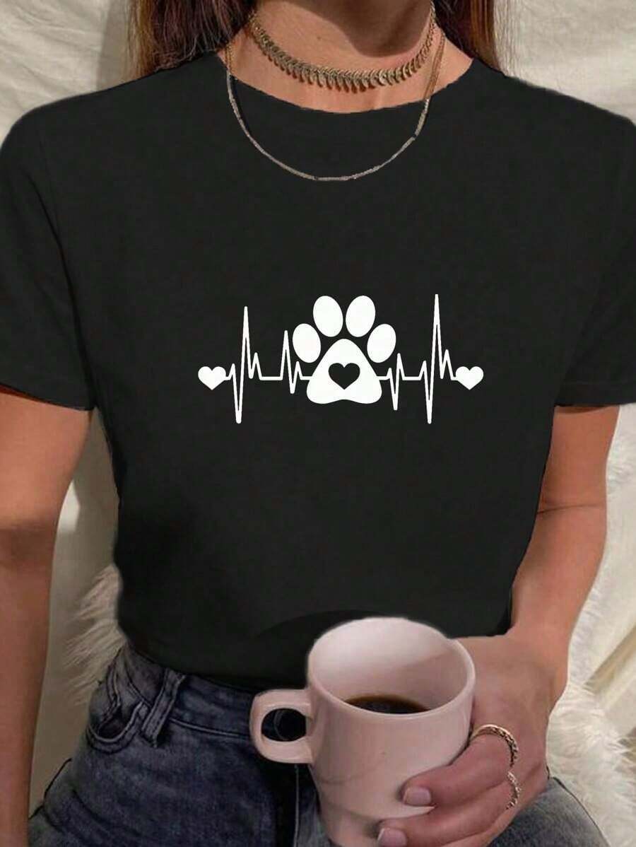 Camiseta Feminina Babylook T shirt batimentos pata pet gato cachorro 100% Algodão Várias Cores - Preto - Visão 1