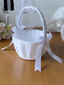 1pc White Petal Basket, Satin Bow Flower Basket, Suitable For Wedding