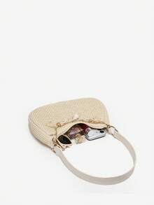 1 件女士复古度假海洋生物仿珍珠樱桃仿毛皮尾巴编织装饰单肩腋下法棍包，适合约会、郊游、度假