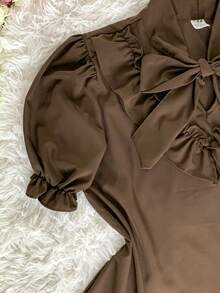SHORT SLEEVE PUFFED DRESS TOP WITH RUFFLE AND BOW, WOMEN'S FASHION - Brown - View 3