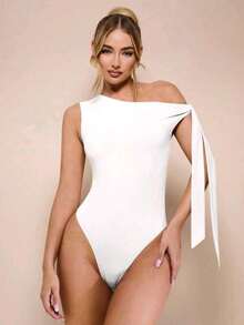 Women's Bodysuit With Tie Bow And Asymmetrical Neckline, Sleeveless, Ideal For Romantic Dates, Casual, Vacation And Summer - 白色 - 查看 2