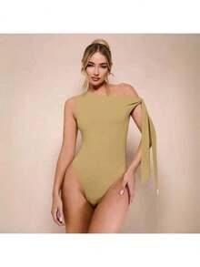Women's Bodysuit With Tie Bow And Asymmetrical Neckline, Sleeveless, Ideal For Romantic Dates, Casual, Vacation And Summer - 米色 - 查看 2