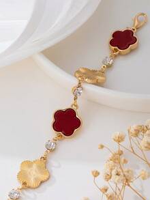 1件装奢华优雅金色纹理红色幸运四叶草女士手链 - 紅色 - 查看 2