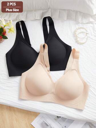 2 件大码女士舒适多色休闲无缝运动瑜伽睡眠薄款文胸，防下垂聚拢无钢圈软杯纯色 Bralette 内衣文胸