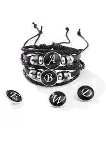 suteyi Bracelet en cuir PU personnalisé avec lettre, fait main, mode et élégant, perles de verre, lettre plaquée blanc, confortable à porter, convient aux personnes de 15 ans et plus - Noir - Voir 6