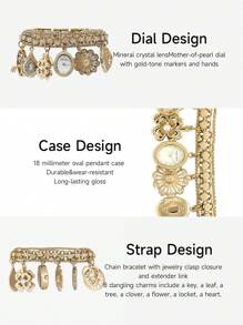 Anne Klein Women's Gold Crystal Accented Charm Bracelet Watch With Mother-Of-Pearl Dial Quartz Watch For Ladies Elegant Luxury Gift Watch With Small Oval Pendant Case And Chain Bracelet - Gold - View 4