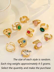 1pc/2pcs/4pcs/6pcs/8pcs/10pcs Stainless Steel Gold-Tone Colorful Gemstone Rings Set, Random Assortment - Multicolor - View 4