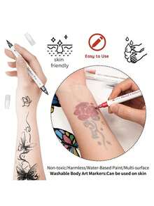 10 Colores Bolígrafos Temporales de Tatuaje Metálicos de Doble Punta, Aptos para Piel, Marcadores de Tatuaje Lavables, Pegatinas Flexibles para el Body, Kit Seguro de Pintura Facial - 10 colores - Ver 10