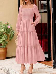 PRETTYGARDEN Women Elegant  Maxi Dresses For Fall Boho Long Sleeve Smocked A Line Ruffle  Wedding Guest Holiday Party Long Dress With Pockets New Years Valentine Vacation Spring Dresses For Women Vestidos Elegantes De Mujer - 粉色 - 查看 4
