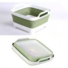Collapsible Dish Pans For Washing Dishes 9L Portable Wash Dish Basin Foldable Laundry Tub With Drain Plug For Kitchen Sink Camping RV Accessories White Green