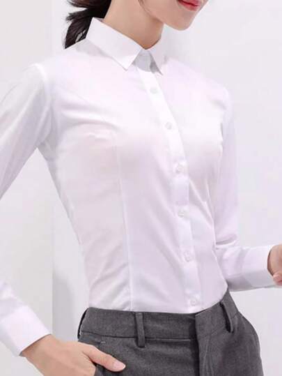 Women Classic White Button Up Shirt Polyester Long Sleeve Regular Fit For Office Business And Everyday Wear