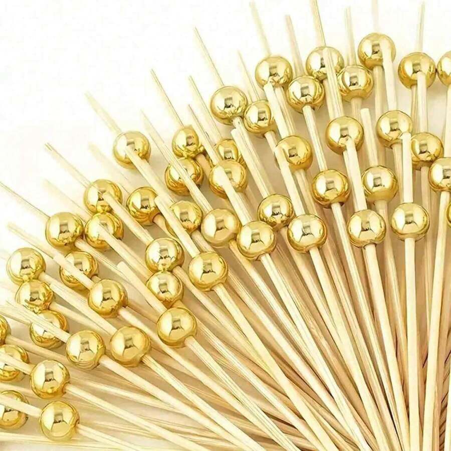 200/100/50/10pcs Fruit Skewers, Bamboo Picks, Flower Picks, Fruit Sticks, Creative Art Toothpicks, Cocktail Decorative Bamboo Sticks, Cake And Burger Art Forks - For Beverage Decoration, Desserts (Birthday, Wedding Party Supplies, Christmas Gifts) Suitable For Appetizers, Drinks, Fruits, Snacks And Weddings, Wedding Decorations | Fashionable Gold Beaded Fruit Forks | Durable Bamboo Sticks For Fruit Platters Etc. - Multicolor - View 1