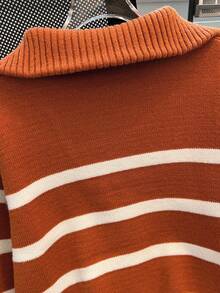 秋冬新款拉链女条纹针织毛衣，时尚简约套头衫，百搭 - 橘色 - 查看 5