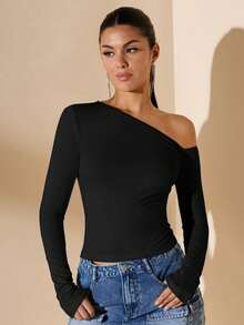 Women's Minimalist Asymmetric Shoulder Long Sleeve Fitted T-Shirt Top, Everyday Wear, Fall/Winter - 黑色 - 查看 4