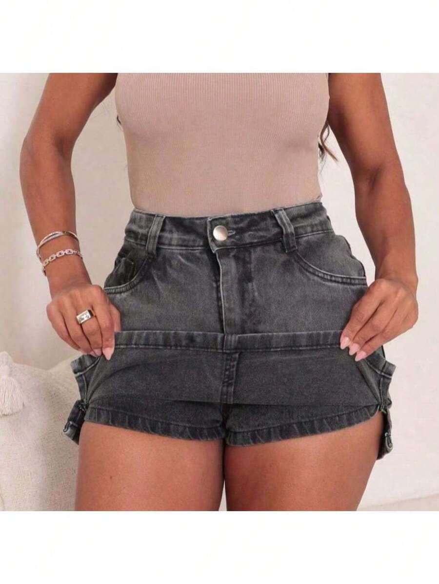 Shorts And Jeans Skirt With Small Side Slit - 黑色大理石紋 - 查看 1