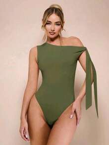Women's Bodysuit With Tie Bow And Asymmetrical Neckline, Sleeveless, Ideal For Romantic Dates, Casual, Vacation And Summer - 軍綠色 - 查看 2