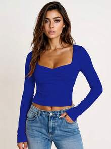 Blusa Escote Corazón Blusa Ajustada Elegante Tela Suave Elástica Ideal Para Salida o Cita Fucsia Moda Mujer. - Azul rey - Ver 4