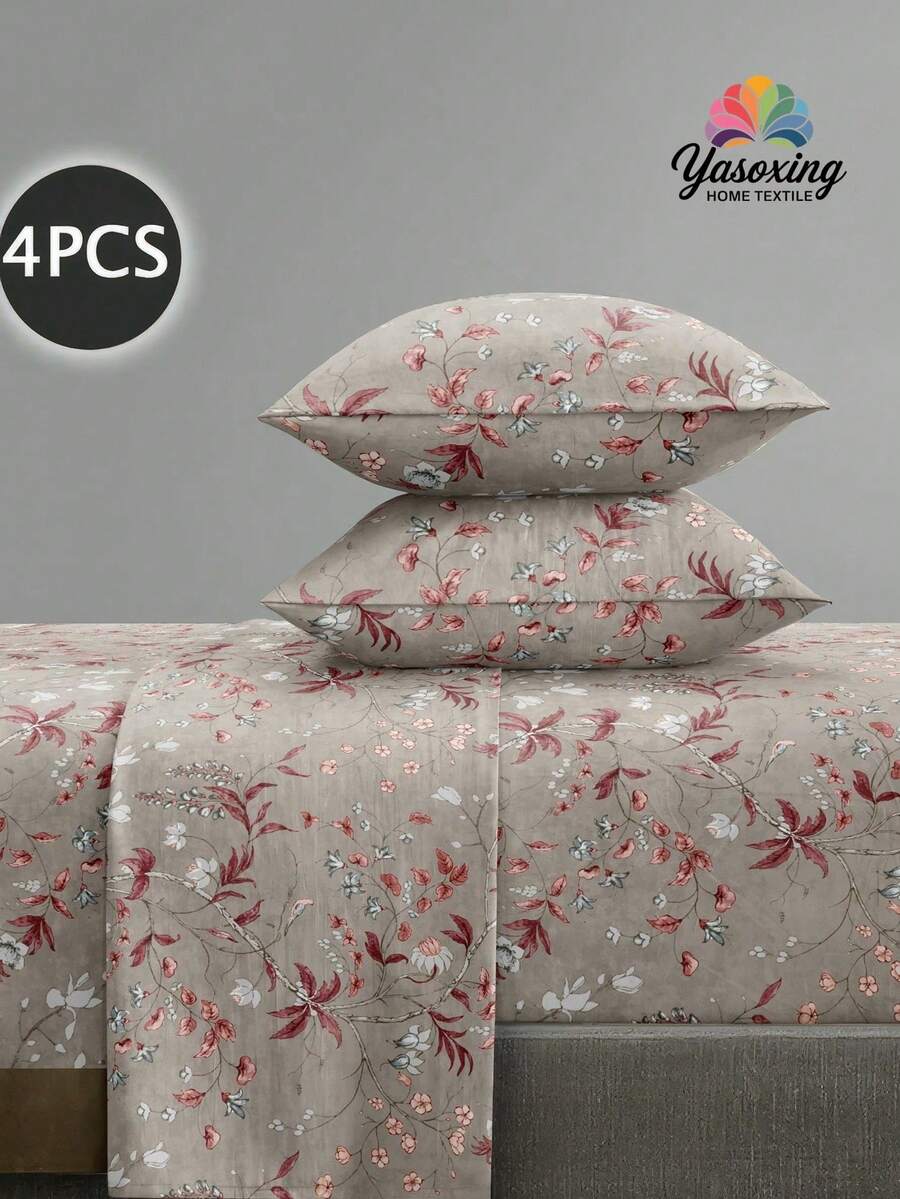 4 件花园花卉图案床单套装床上用品套装，1 件床笠和 1 件床单和 2 件枕套床上用品床垫保护套（不包括枕芯）豪华床笠套装特大号双人床全尺寸床单深口袋最大 11.8 英寸枕套，柔软透气防皱，更适合睡眠，豪华酒店风格，送给妈妈爸爸朋友农舍床上用品套装的礼物 - 彩色 - 查看 1