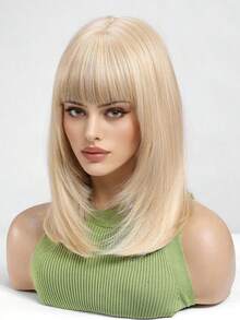 14-Inch Breathable & Comfortable Chin-Length Wavy Bob Wig With Bangs, Golden Color, Synthetic Fiber, Suitable For Cosplay And Daily Wear - Gold - View 4