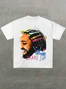 Drake - Themed Artistic Printed T-Shirt With Hair Clips Casual Soft Short Sleeve Pure Cotton 220gsm T-Shirt - trắng - Xem 1