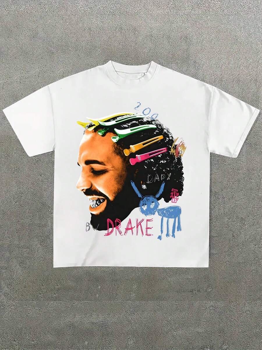 Drake - Themed Artistic Printed T-Shirt With Hair Clips Casual Soft Short Sleeve Pure Cotton 220gsm T-Shirt - trắng - Xem 1