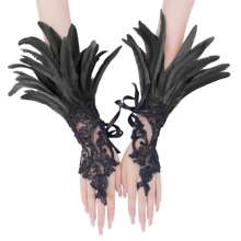 哥特式蕾丝羽毛无指手套，长袖腕口，女士服装配饰，万圣节情人节，情人节万圣节配饰 - 黑色 - 查看 3