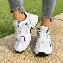 Women's Mesh Lace-Up Sneakers With Thick Sole And Cushioning, Suitable For Daily Running, Fitness And Commuting, Comfortable And Lightweight, Suitable For Various Occasions, And Practical For Basic Wear - 藍色 - 查看 4