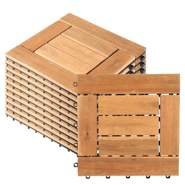 Jiubiaz 33 Stück Holzfliesen Mosaik 3 qm, 30x30cm Terrassenfliesen Klickfliesen Balkonfliesen mit Drainagensystem, Wetterfest aus Akazienholz