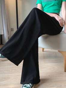 Pantalones anchos de seda helada para mujer, cintura alta, caída fluida, holgados, rectos, informales y largos hasta el suelo Pantalones de Mujer - Negro - Ver 3