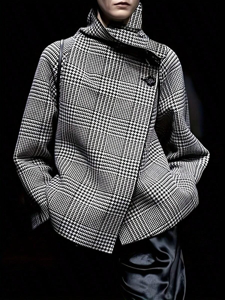 Women's Vintage Houndstooth Double-Breasted Jacket Loose Asymmetrical Hem Long Sleeves Button 2025 New Fall Winter Outerwear For Women - 黑色 - 查看 1