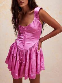 Women Boho Graphic Mini Dress Ruffle Strap A Line Sundress Graffiti Short Babydoll Dress Floral Going Out Dresses - 玫紅色 - 查看 1