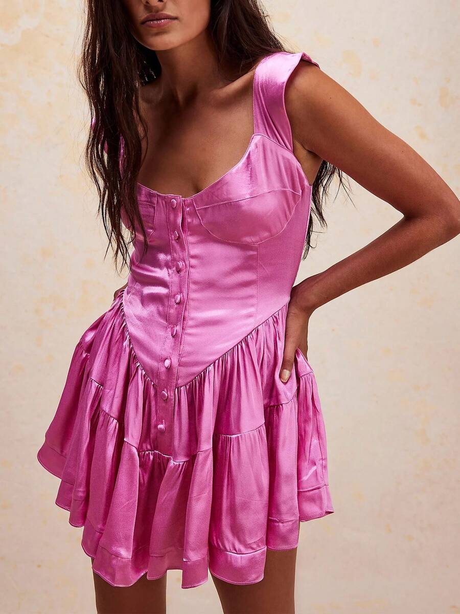 Women Boho Graphic Mini Dress Ruffle Strap A Line Sundress Graffiti Short Babydoll Dress Floral Going Out Dresses - 玫紅色 - 查看 1
