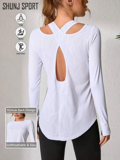 1 件女式休闲运动长袖 T 恤，雪纺提花面料速干交叉后背镂空宽松 T 恤，适合普拉提训练健身瑜伽慢跑，白色