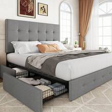 Cama de plataforma tamaño queen tapizada Allewie con 4 cajones de almacenamiento y cabecera, botones cosidos en cuadrados, base de colchón con soporte de listones de madera, no se necesita box spring, gris claro - Beis - Ver 1