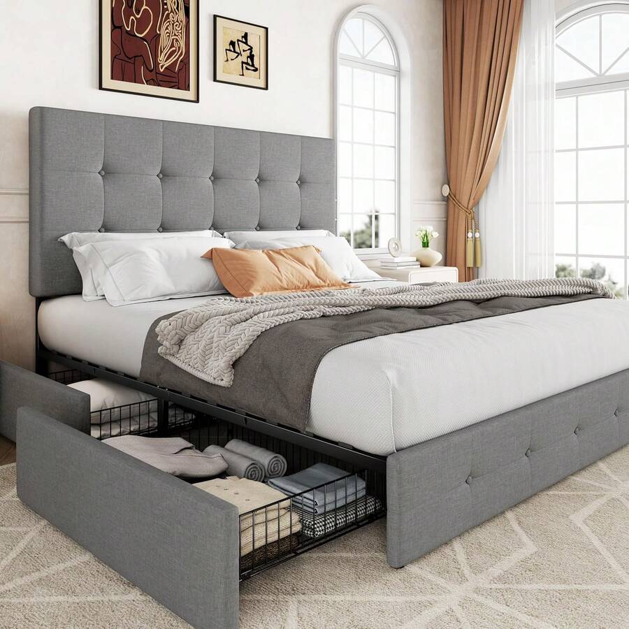 Cama de plataforma tamaño queen tapizada Allewie con 4 cajones de almacenamiento y cabecera, botones cosidos en cuadrados, base de colchón con soporte de listones de madera, no se necesita box spring, gris claro - Beis - Ver 1