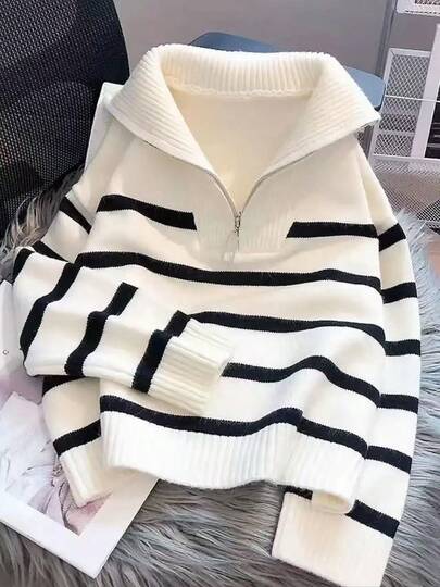 Áo len nữ cổ tròn kẻ sọc mùa Thu/Đông mới, kiểu dáng đơn giản và thời trang, tay dài, màu trắng thường ngày.