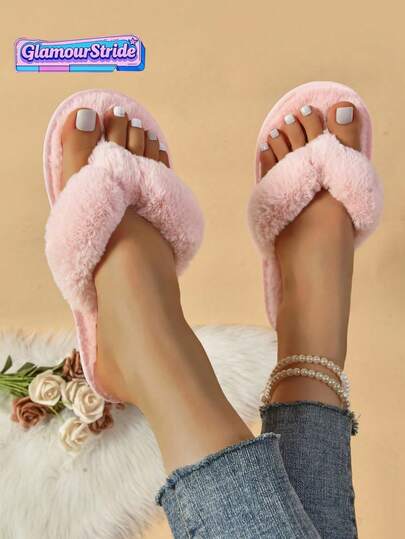 Pink Criss-Cross Open Toe Fluffy Slippers, Women's House Slippers Black Criss-Cross Open Toe House Slippers White Criss-Cross Open Toe Slippers