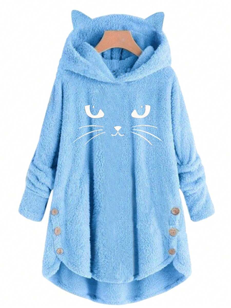 时尚女士纯色双面毛绒猫耳装饰休闲连帽衫 - 藍色 - 查看 1